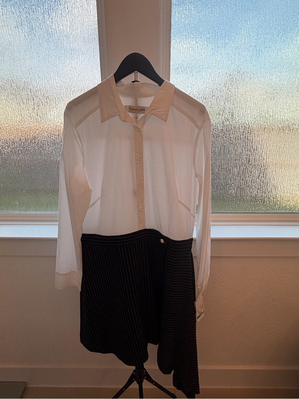 Taylor White Button-Front Shirt with Black Pinstripe Skirt Panel